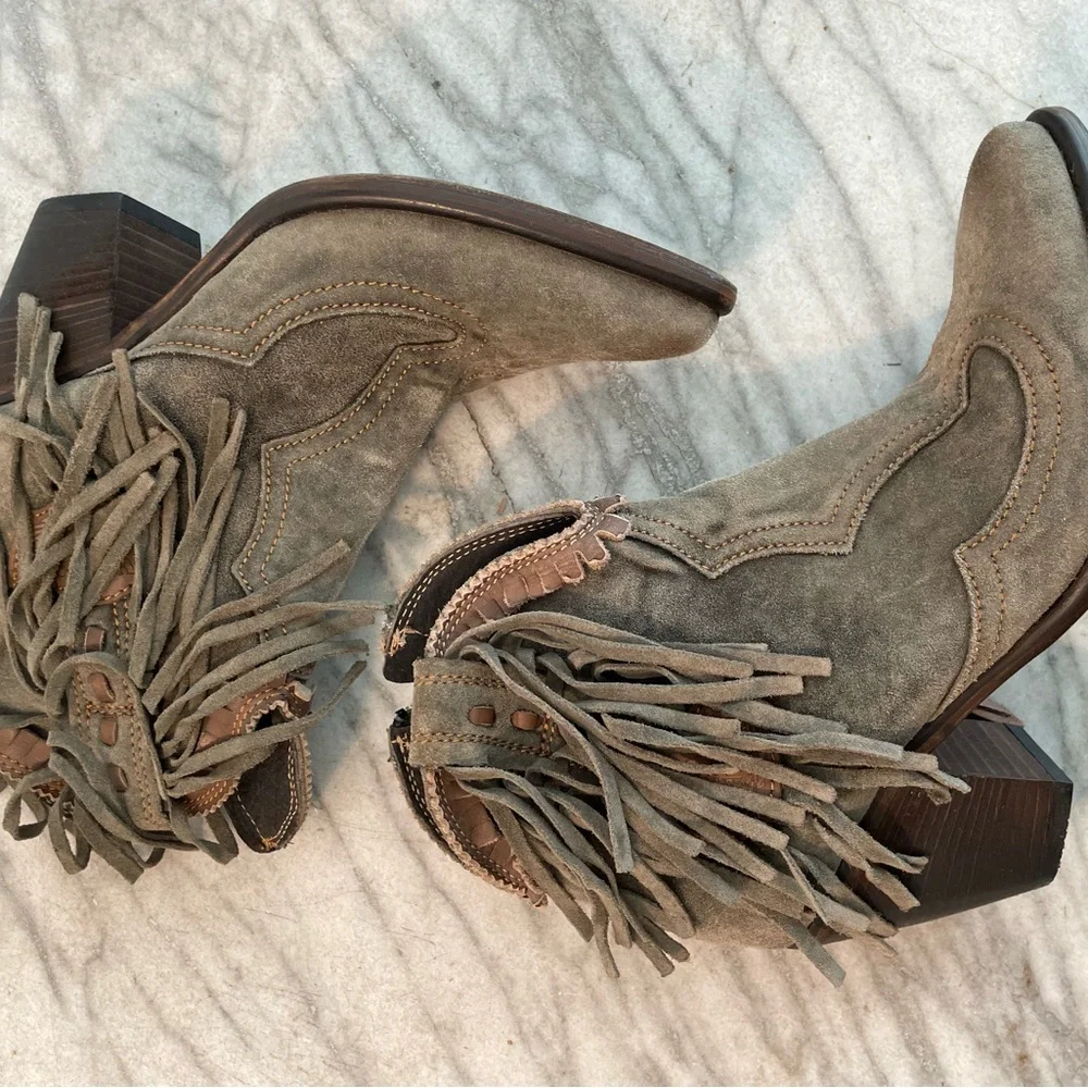 El Vaquero suede Cowboy Cowgirl western fringe leather ankle boots Italy 7.5